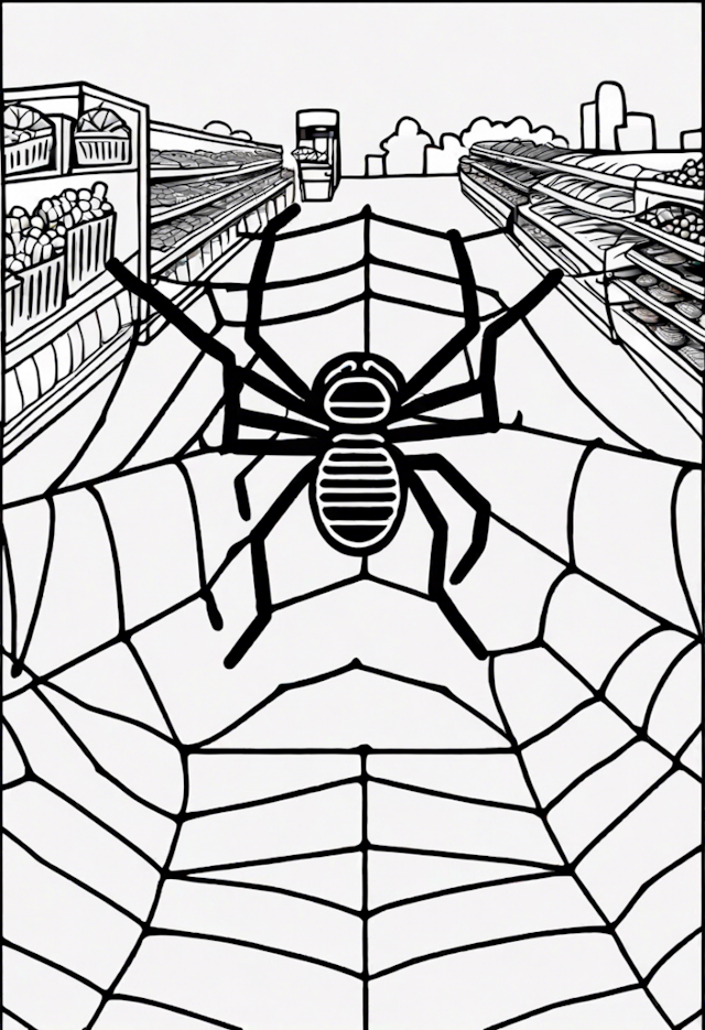 A coloring page of A Spider On A Web At A Supermarket