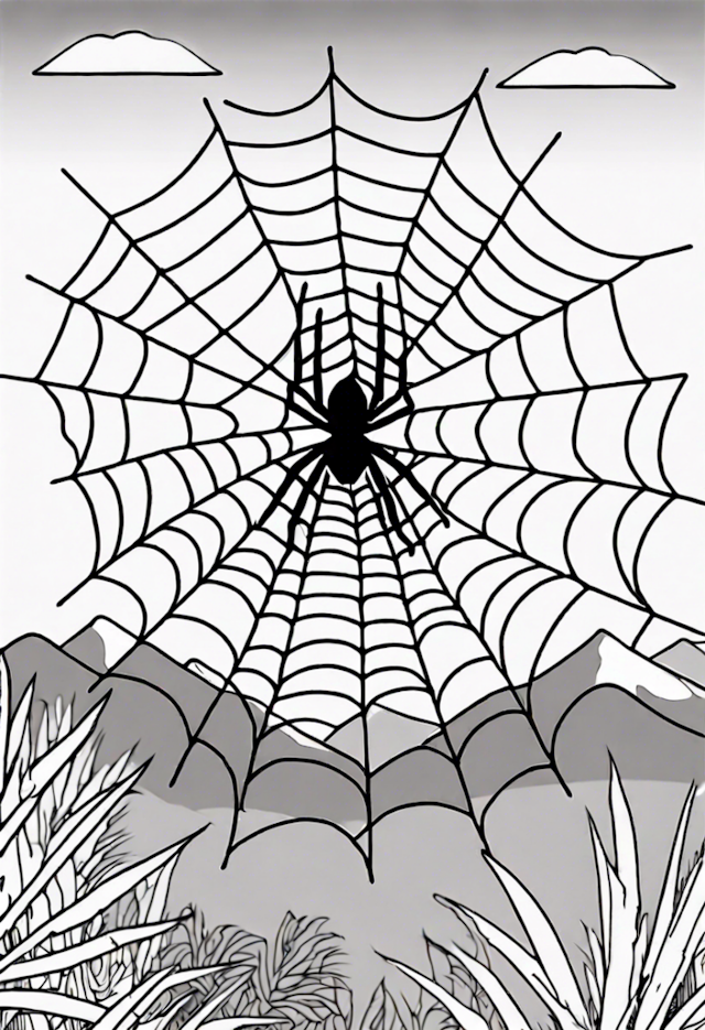 A coloring page of A Spider On A Web At A Volcano