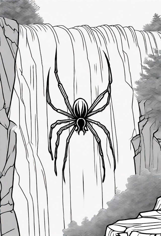 A coloring page of A Spider On A Web At A Waterfall