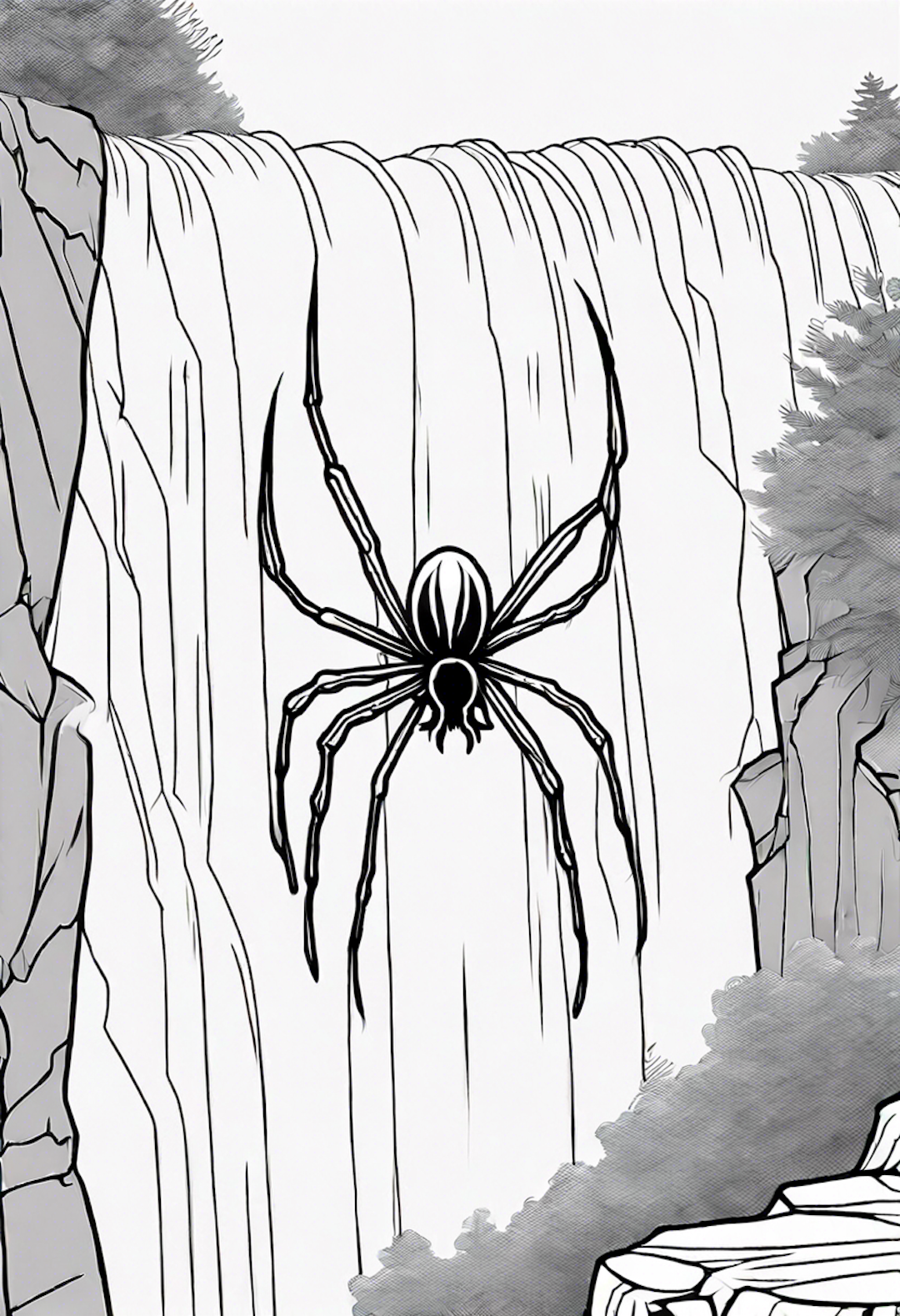 A Spider On A Web At A Waterfall