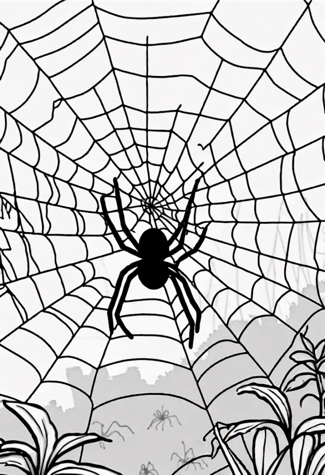 A coloring page of A Spider On A Web At A Zoo