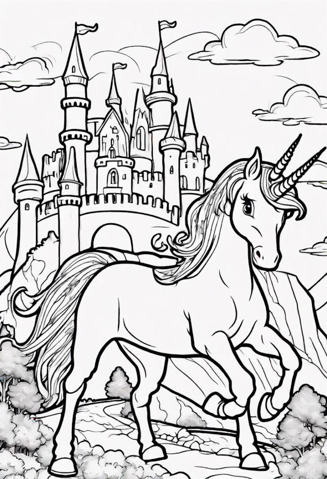 A coloring page of Adorable Unicorn Leaving The Castle