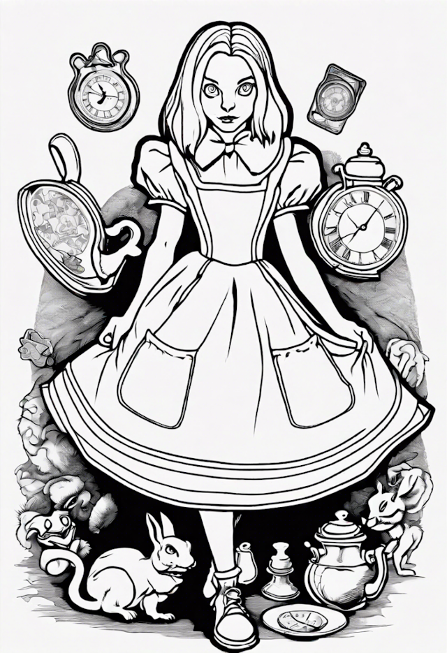 A coloring page of Alice In Wonderland