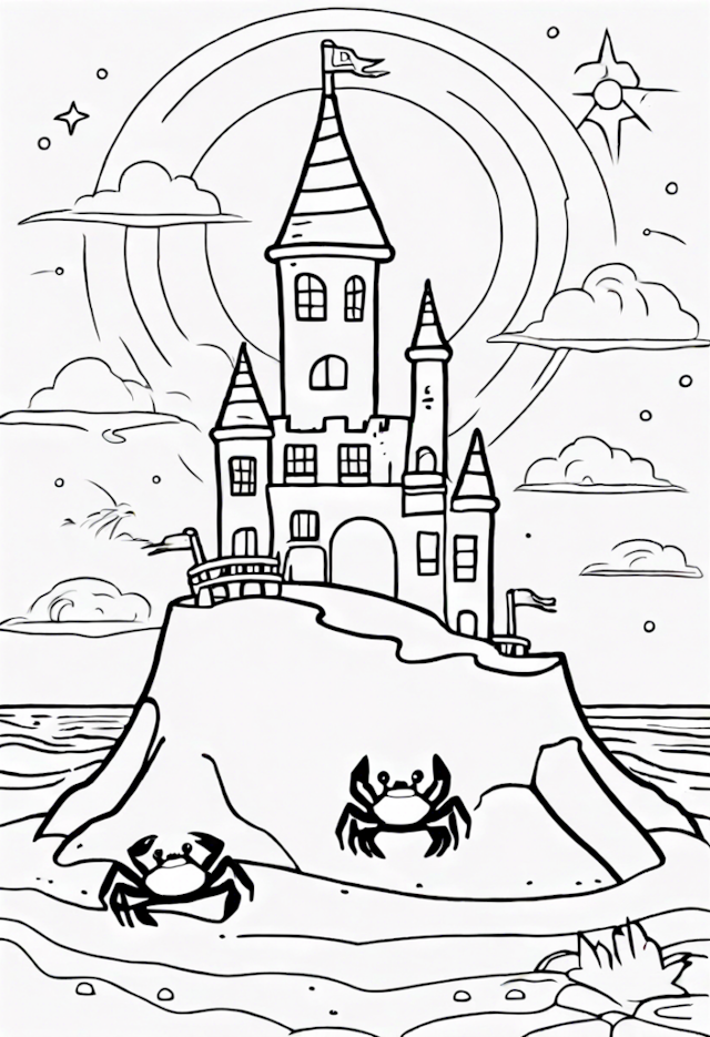 A coloring page of An Amazed Star Building A Sandcastle With A Cheerful Crab