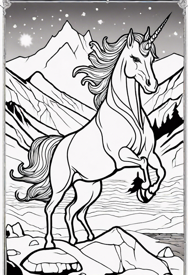 A coloring page of Beautiful Unicorn On A Glacier