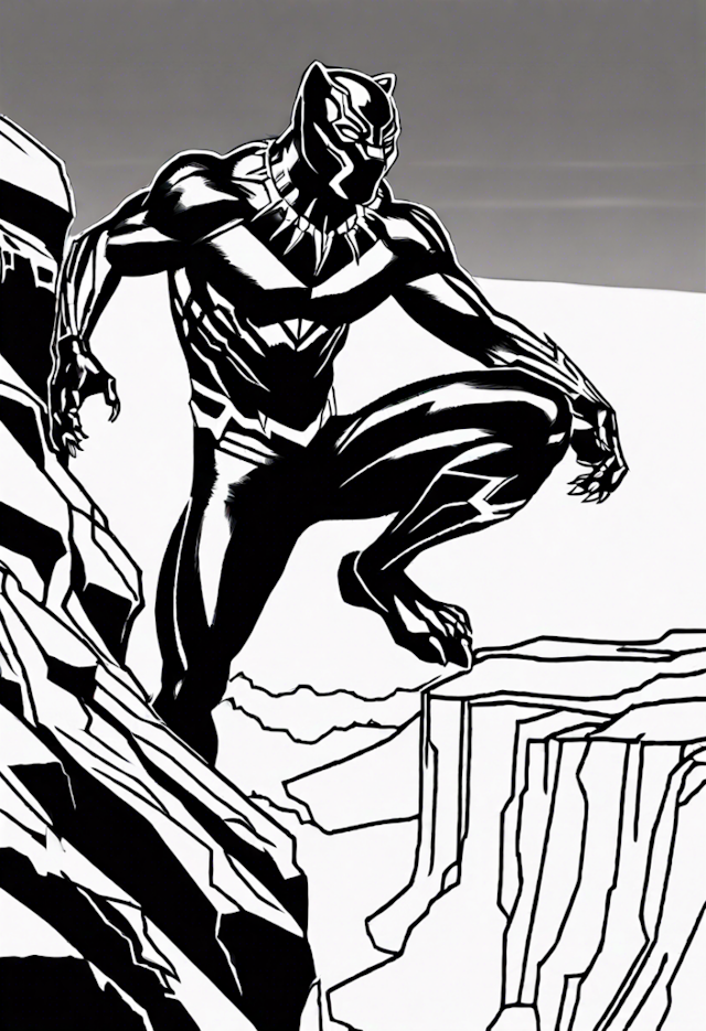 A coloring page of Black Panther Looking Down On Wakanda From A Cliff