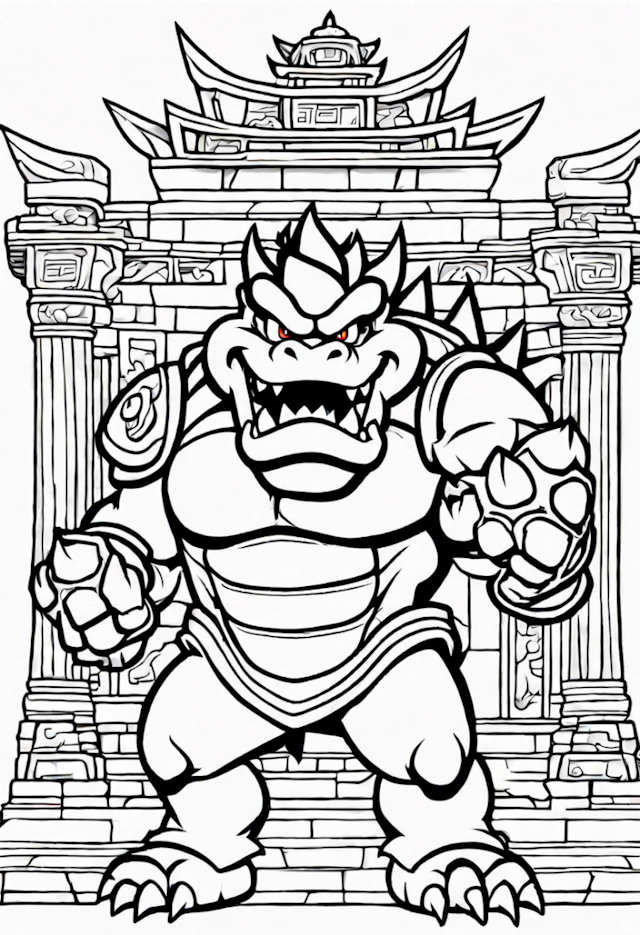 A coloring page of Bowser At The Ancient Temple