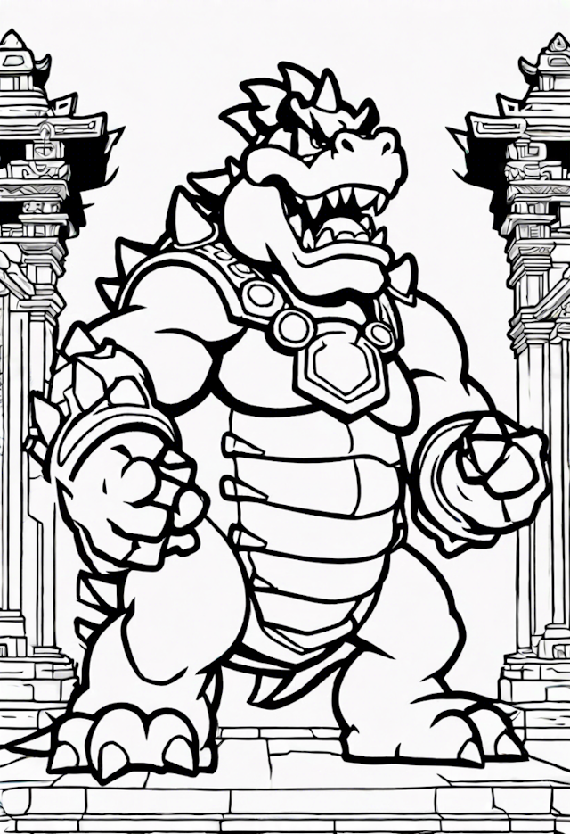 A coloring page of Bowser At The Ancient Temple
