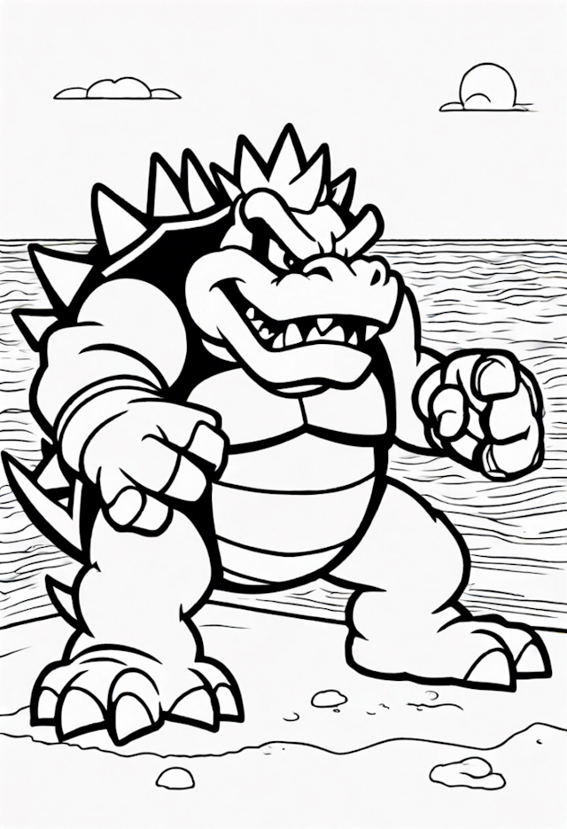 A coloring page of Bowser At The Beach Castle