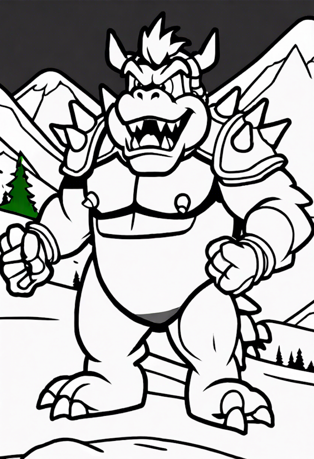 A coloring page of Bowser At The Ski Resort