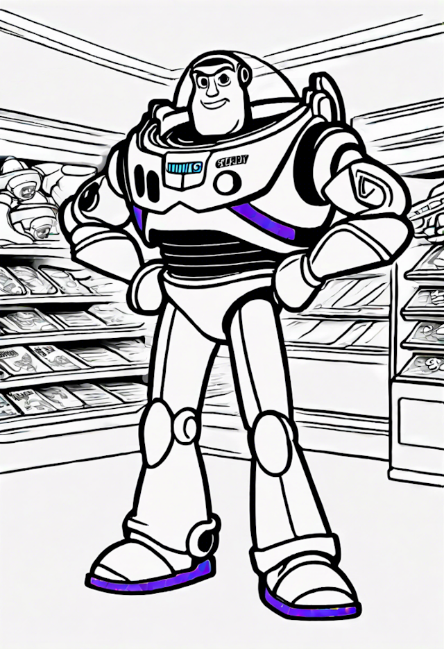 A coloring page of Buzz Lightyear In A Toy Store
