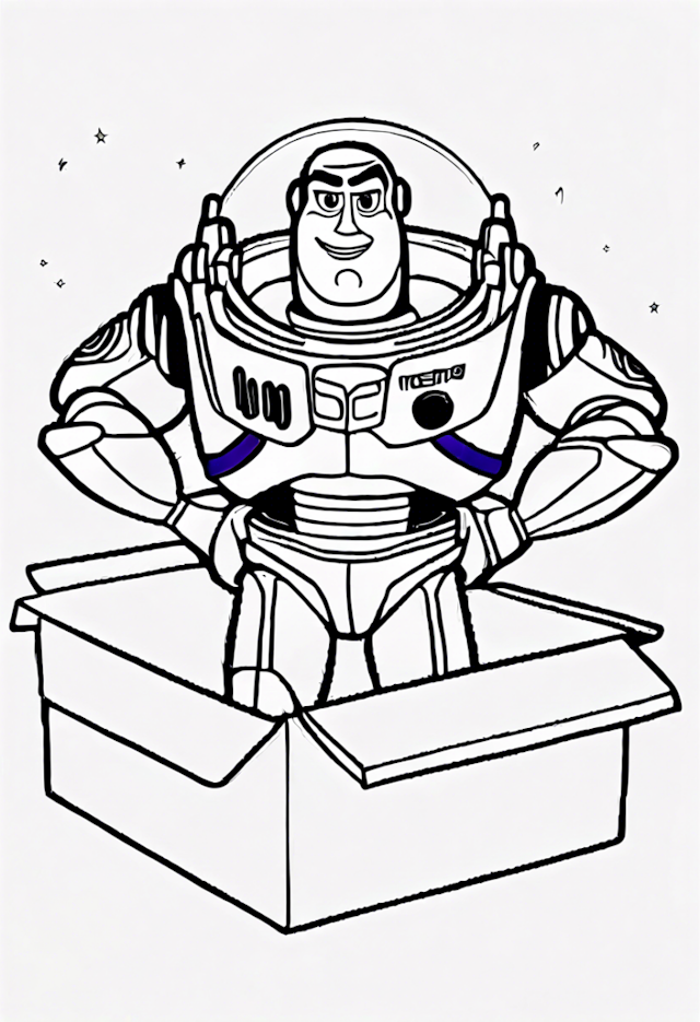 A coloring page of Buzz Lightyear Lying In A Box Of Toys