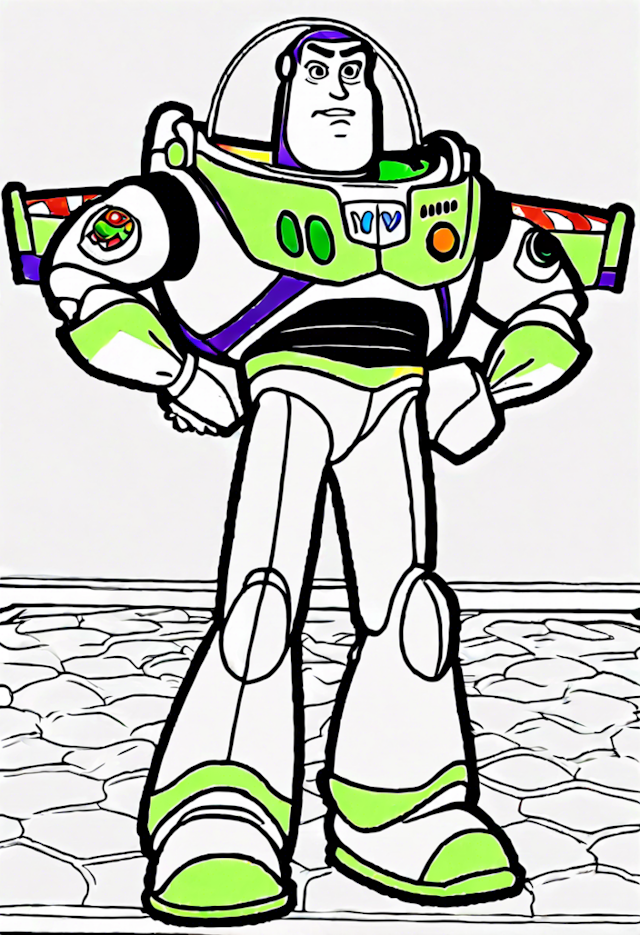A coloring page of Buzz Lightyear Standing On A Huge Bed Giving A Speech