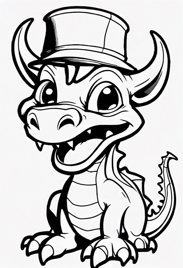 A coloring page of Cartoon Dragon With A Funny Hat