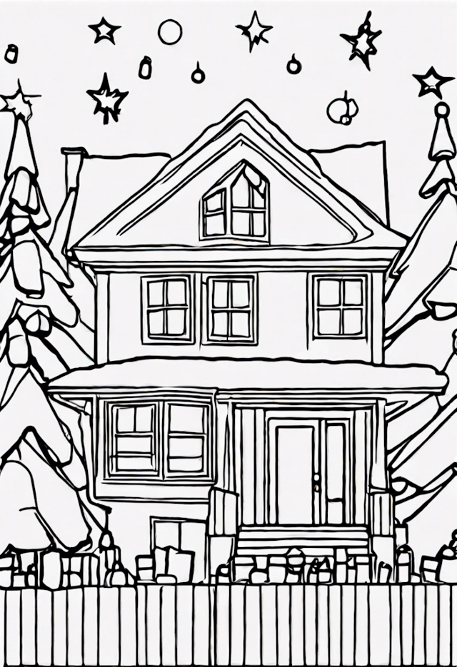 A coloring page of Christmas Lights On A House