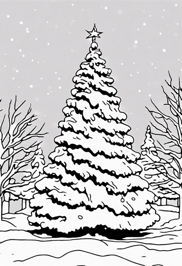 A coloring page of Christmas Tree Outside Covered In Snow