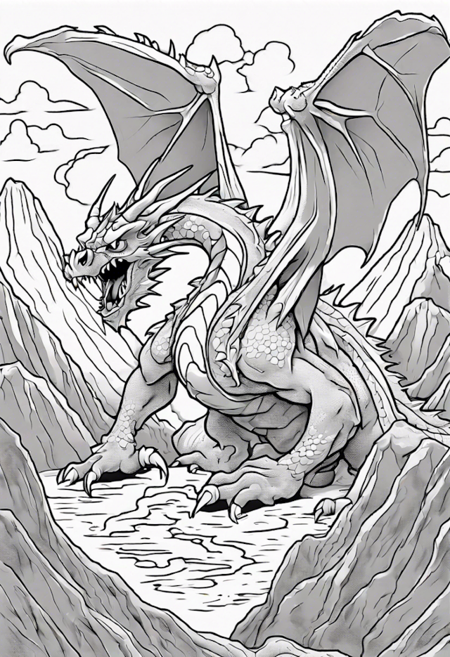 A coloring page of Dragon Battle In A Volcano
