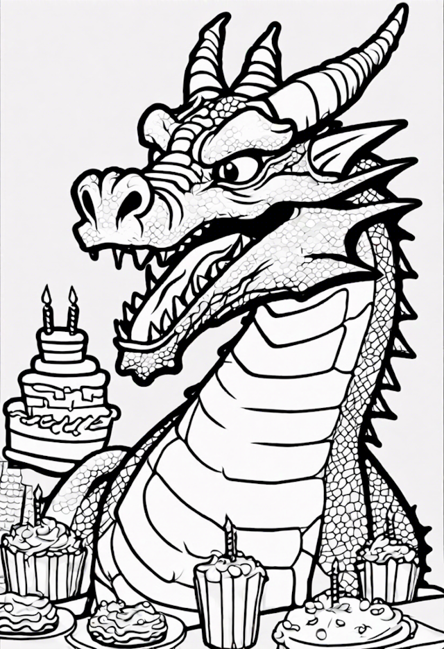 A coloring page of Dragon Celebrating A Birthday Party