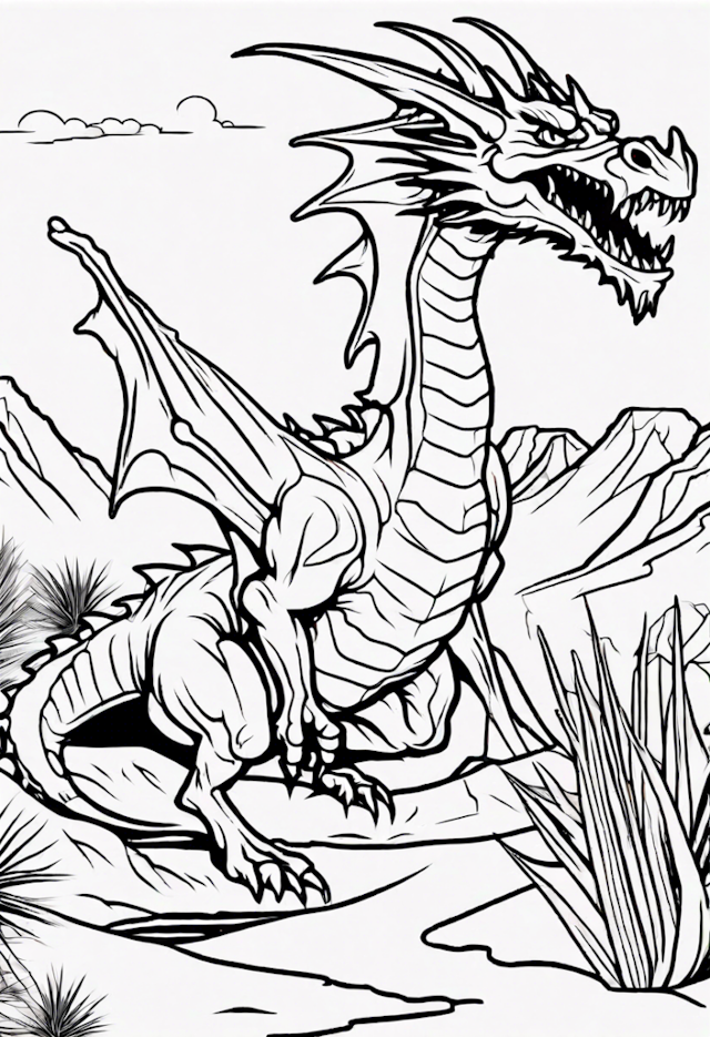 A coloring page of Dragon Exploring A Desert Oasis