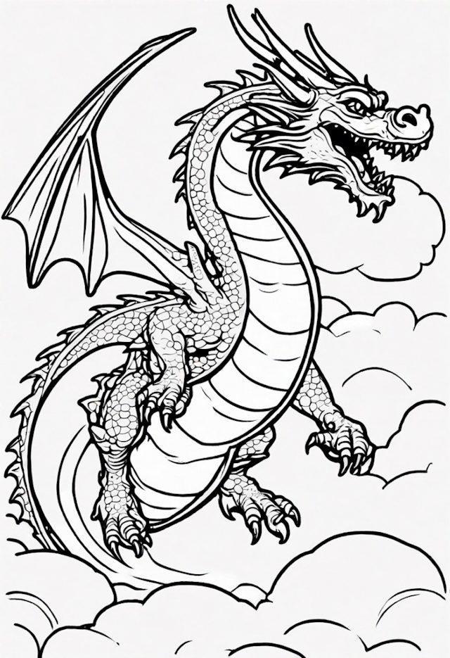 A coloring page of Dragon Flying Over A Rainbow