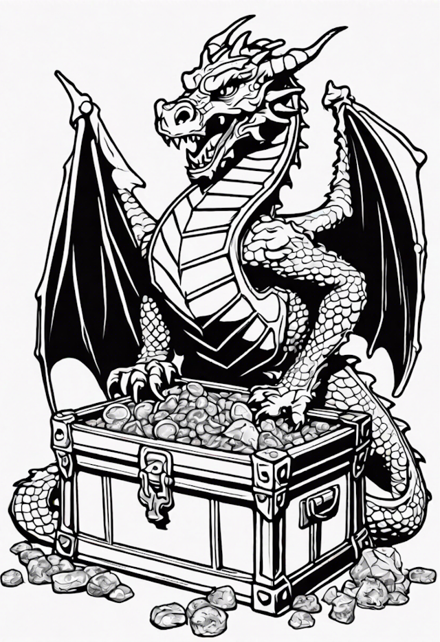 A coloring page of Dragon Guarding A Treasure Chest