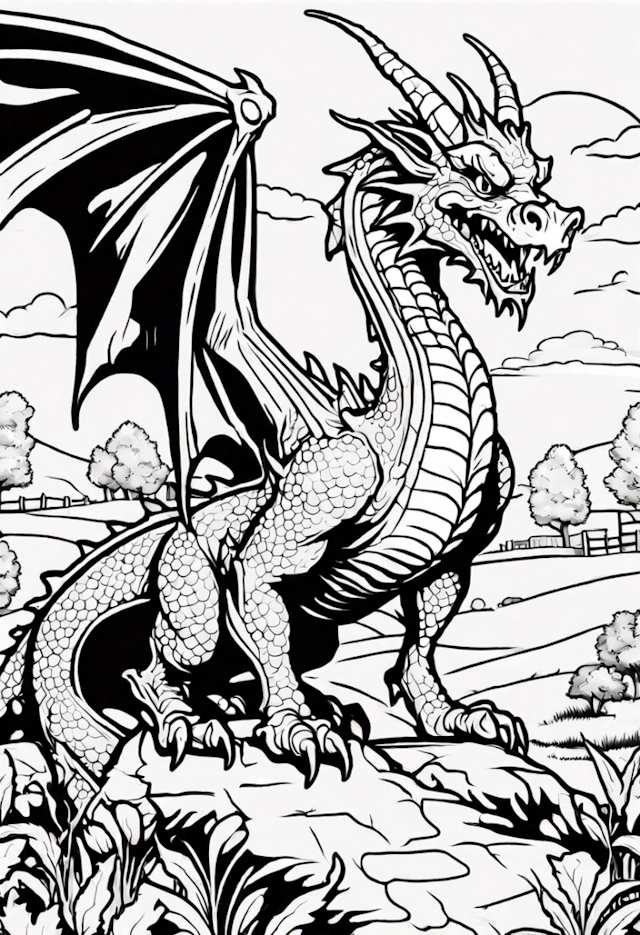 A coloring page of Dragon In A Charming Farm