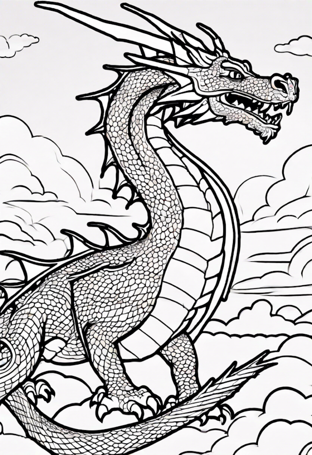 A coloring page of Dragon In A Colorful Sunset Sky