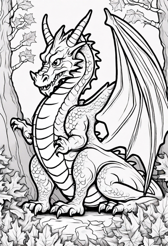 A coloring page of Dragon In A Cozy Autumn Scene
