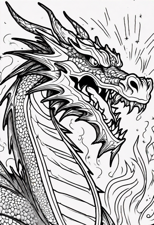 A coloring page of Dragon In A Dazzling Fireworks Display
