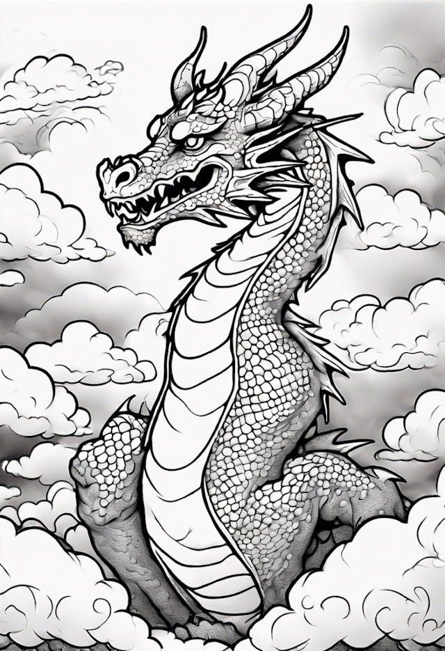 A coloring page of Dragon In A Dreamy Cloudscape