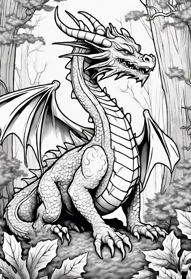 A coloring page of Dragon In A Enchanted Forest
