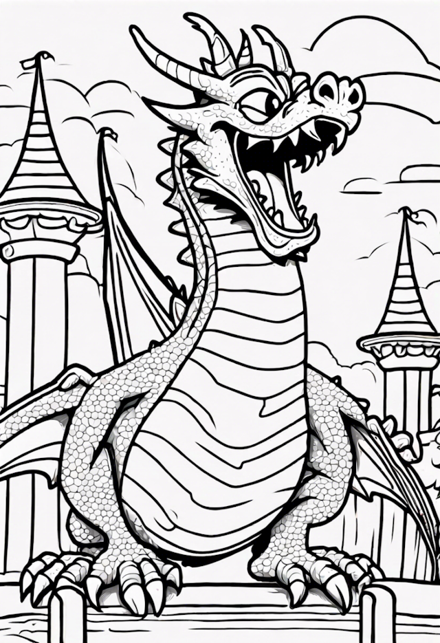 A coloring page of Dragon In A Fun Filled Amusement Park