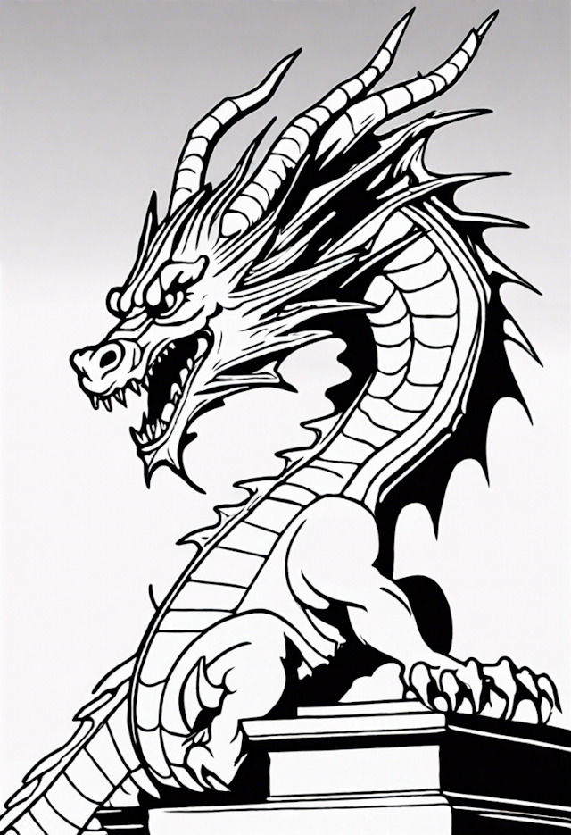A coloring page of Dragon In A Historic Landmark