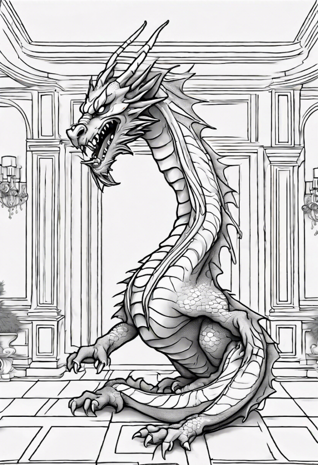 A coloring page of Dragon In A Luxurious Mansion
