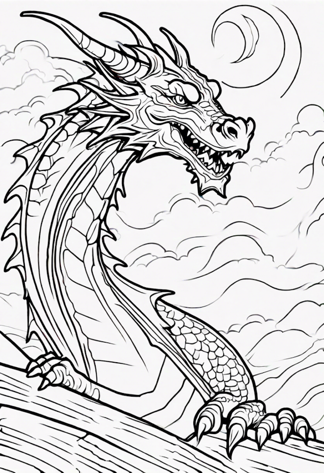 A coloring page of Dragon In A Peaceful Sunrise