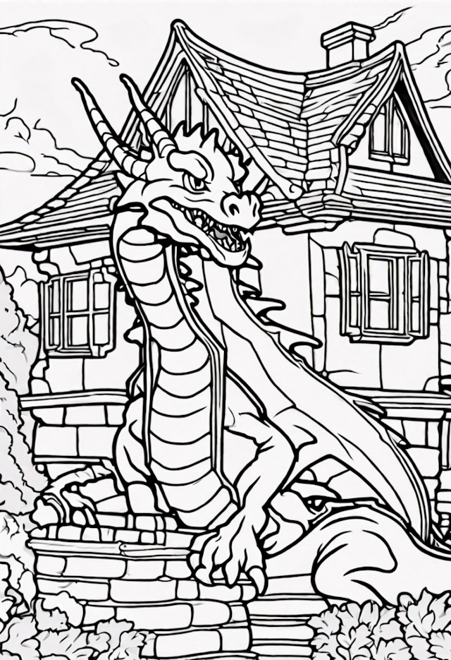 A coloring page of Dragon In A Quaint Cottage