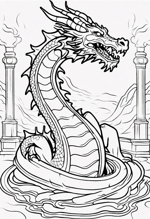 A coloring page of Dragon In A Relaxing Spa