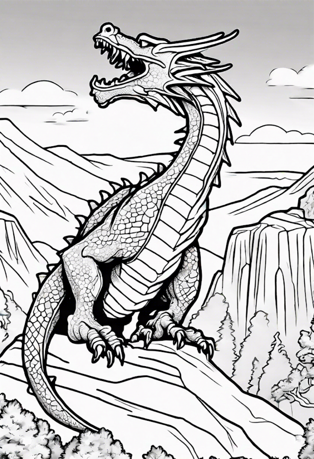 A coloring page of Dragon In A Scenic National Park