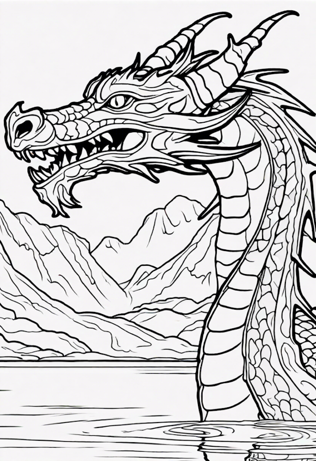A coloring page of Dragon In A Serene Lake