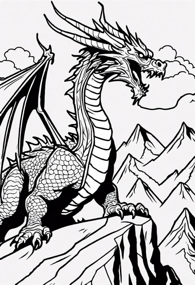A coloring page of Dragon In A Stunning Mountain Range