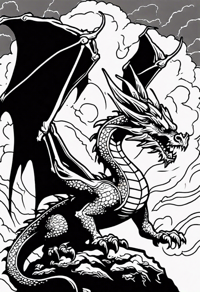 A coloring page of Dragon In A Thunderstorm