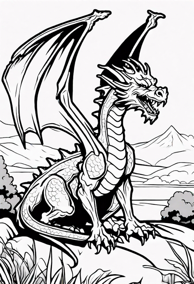 A coloring page of Dragon In A Tranquil Countryside