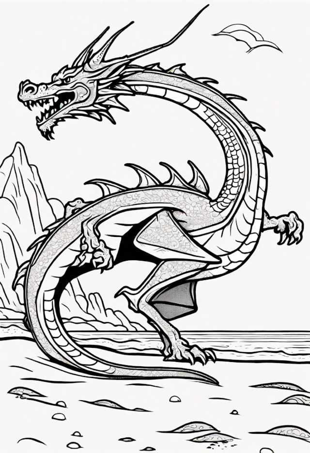 A coloring page of Dragon In A Vibrant Summer Beach