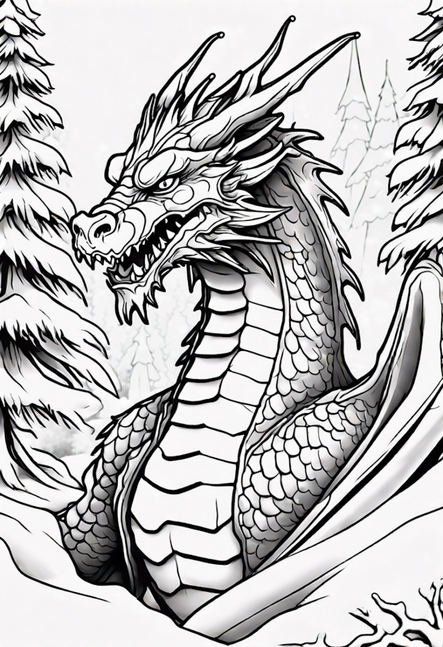 A coloring page of Dragon In A Winter Wonderland