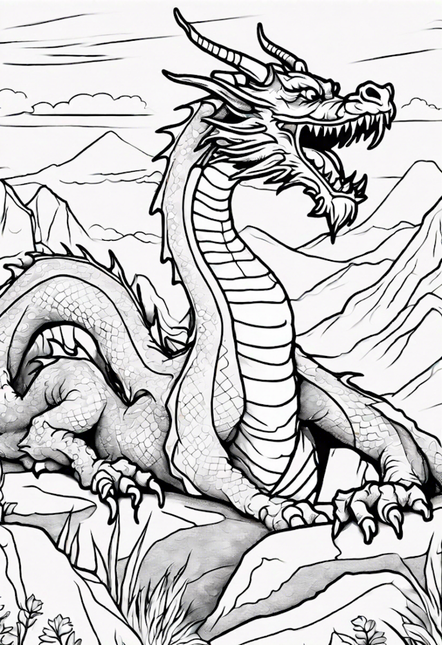 A coloring page of Dragon Painting A Beautiful Landscape