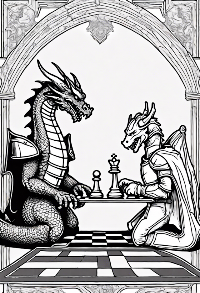 A coloring page of Dragon Playing Chess With A Knight