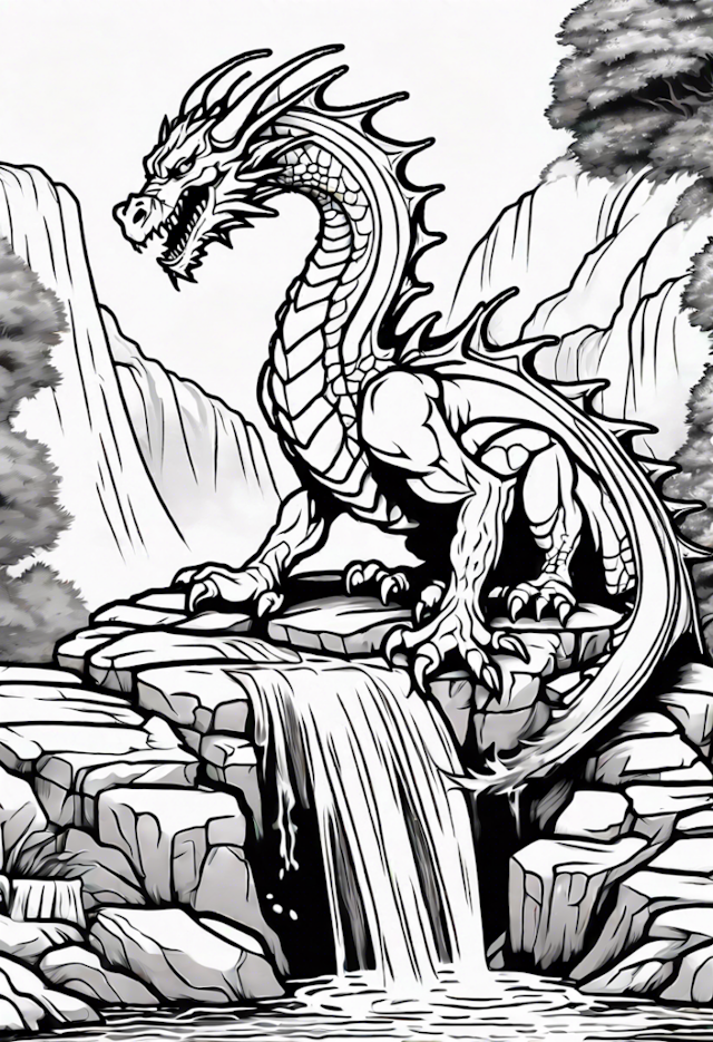 A coloring page of Dragon Resting By A Waterfall