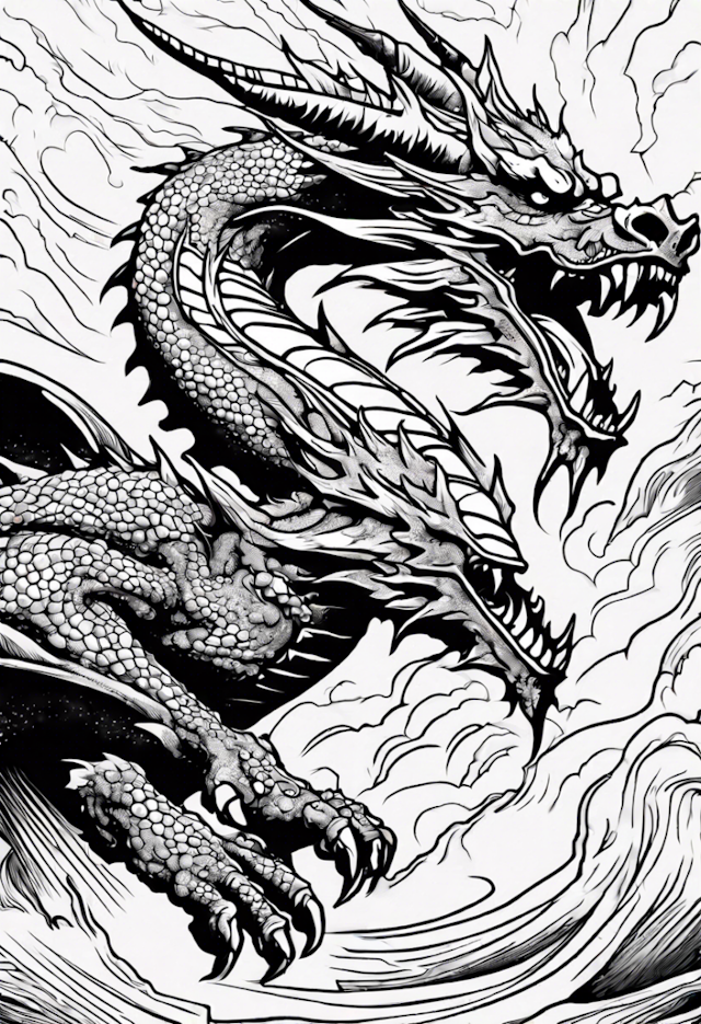A coloring page of Dragon Rider In A Storm