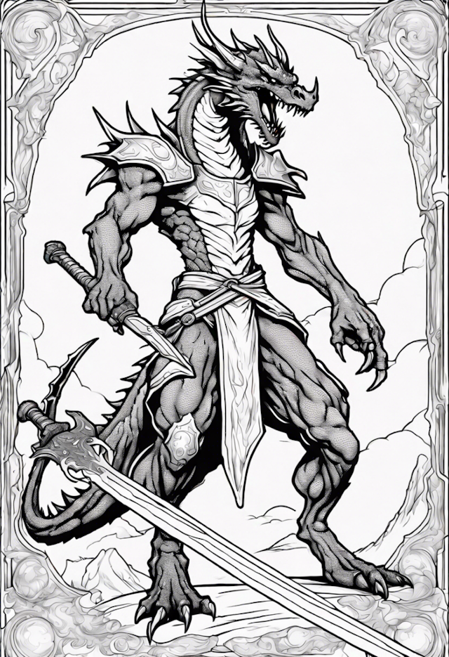 A coloring page of Dragon Rider With A Magic Sword