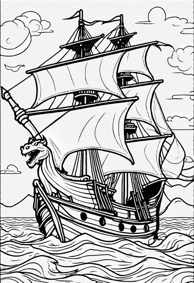 A coloring page of Dragon Sailing On A Pirate Ship